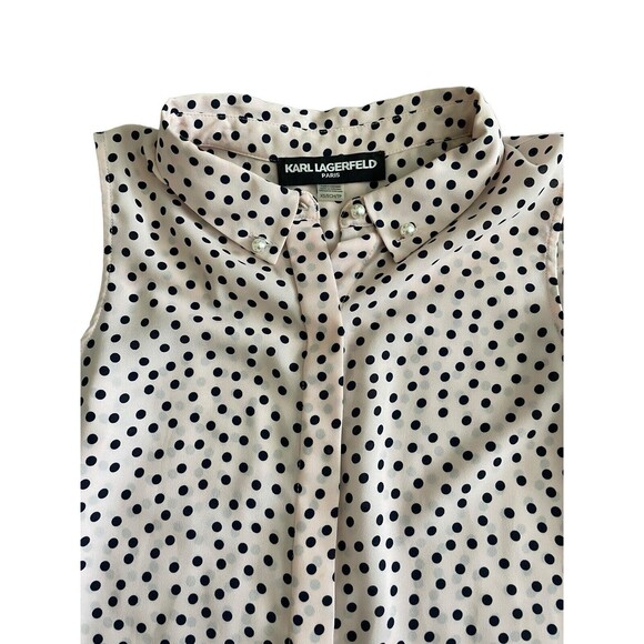 KARL LAGERFELD PARIS Blouse Sz XS Gorgeous Pink Black Polka Dot Pearl Buttons - Picture 3 of 5